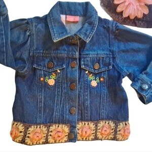 Crochet Trimmed Blue Denim Jacket & Skull Cap Sz 18mo